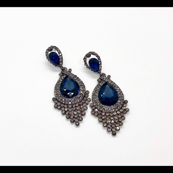 Charcoal Gray & Blue Crystal Chandelier Earrings - Picture 6 of 8